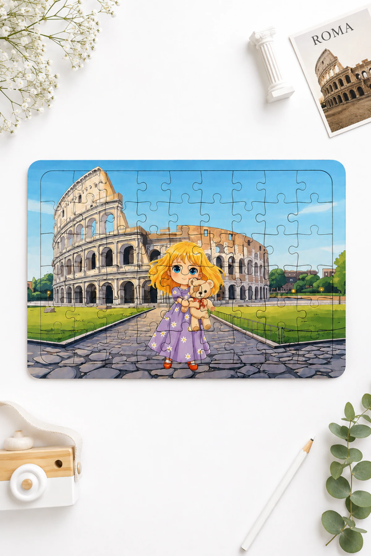 Esma ve Oyuncak Ayısı Pofu Roma Kolezyumu Önünde 54 Parça Eğitici Ahşap Puzzle & Yapboz
