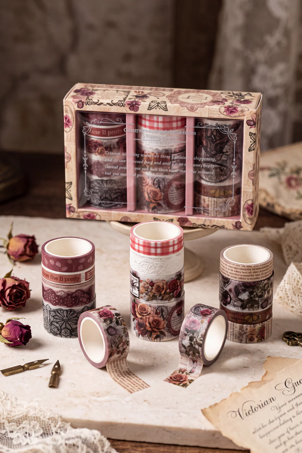 Vintage Bordo Gül Desenli Temalı 12 Adet Washi Tape Seti