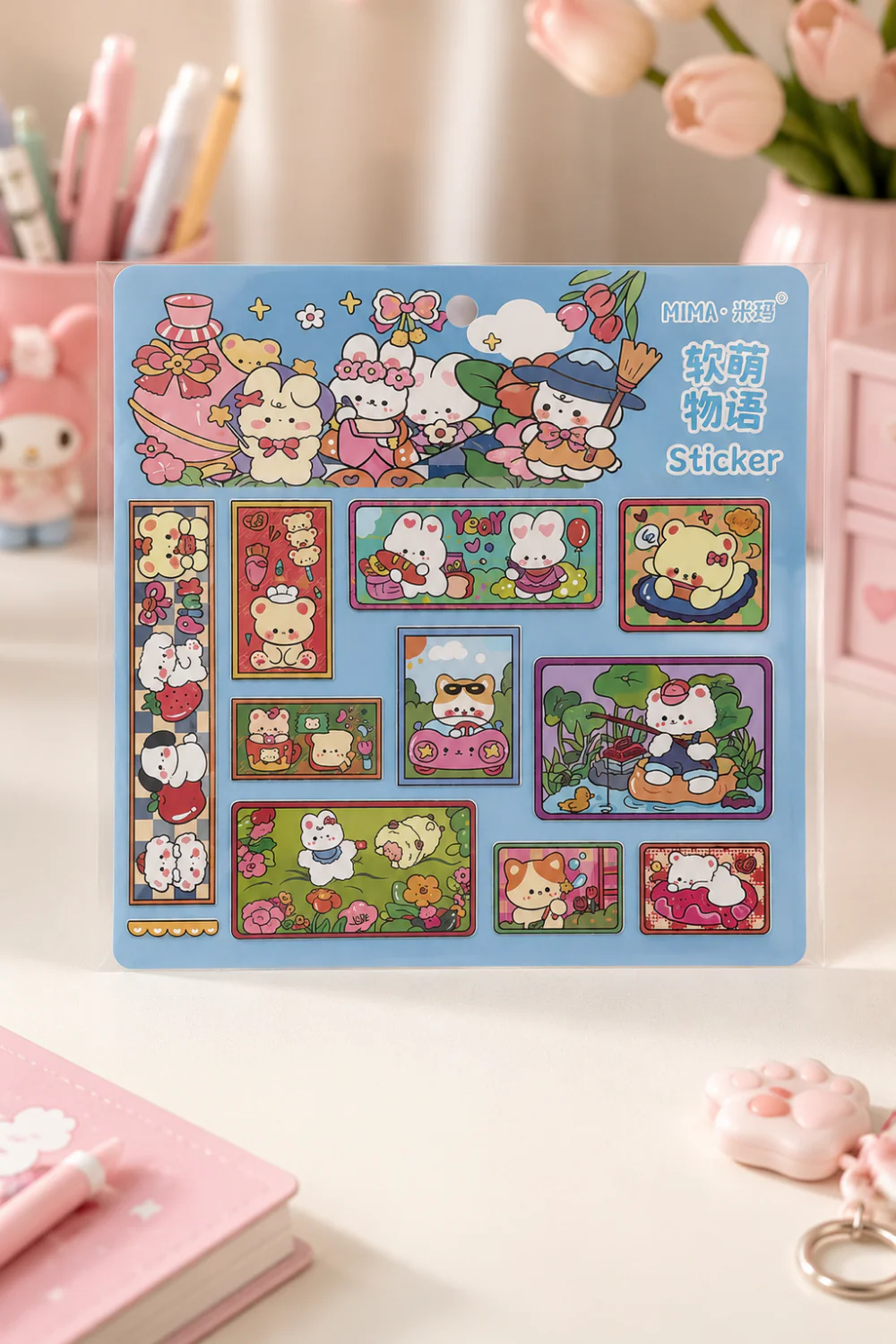 Mavi Kawai Sevimli Hayvanlar Şeffaf Sticker Seti