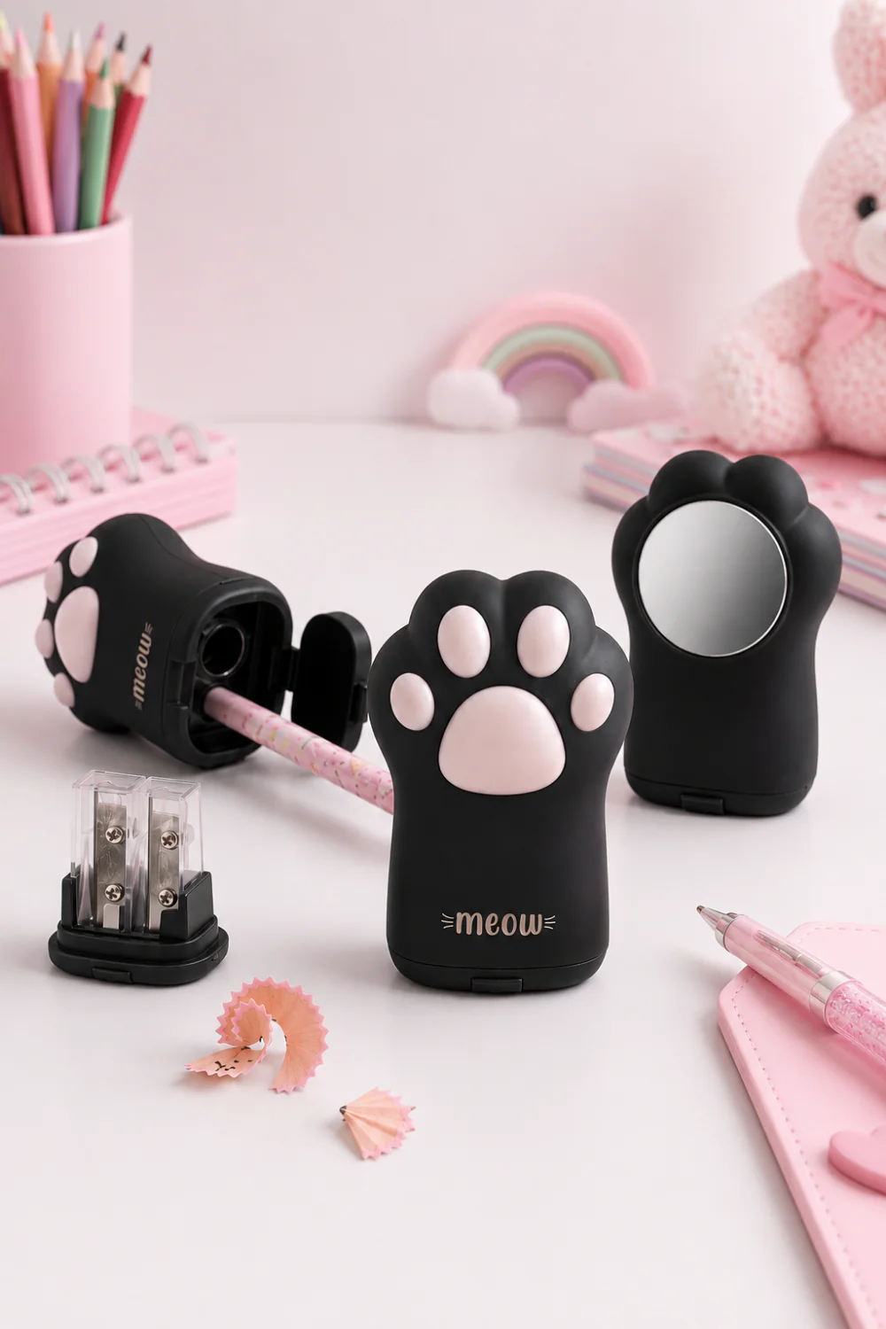 Siyah Renk Kedi Patisi Şeklinde Çift Hazneli Kalemtıraş