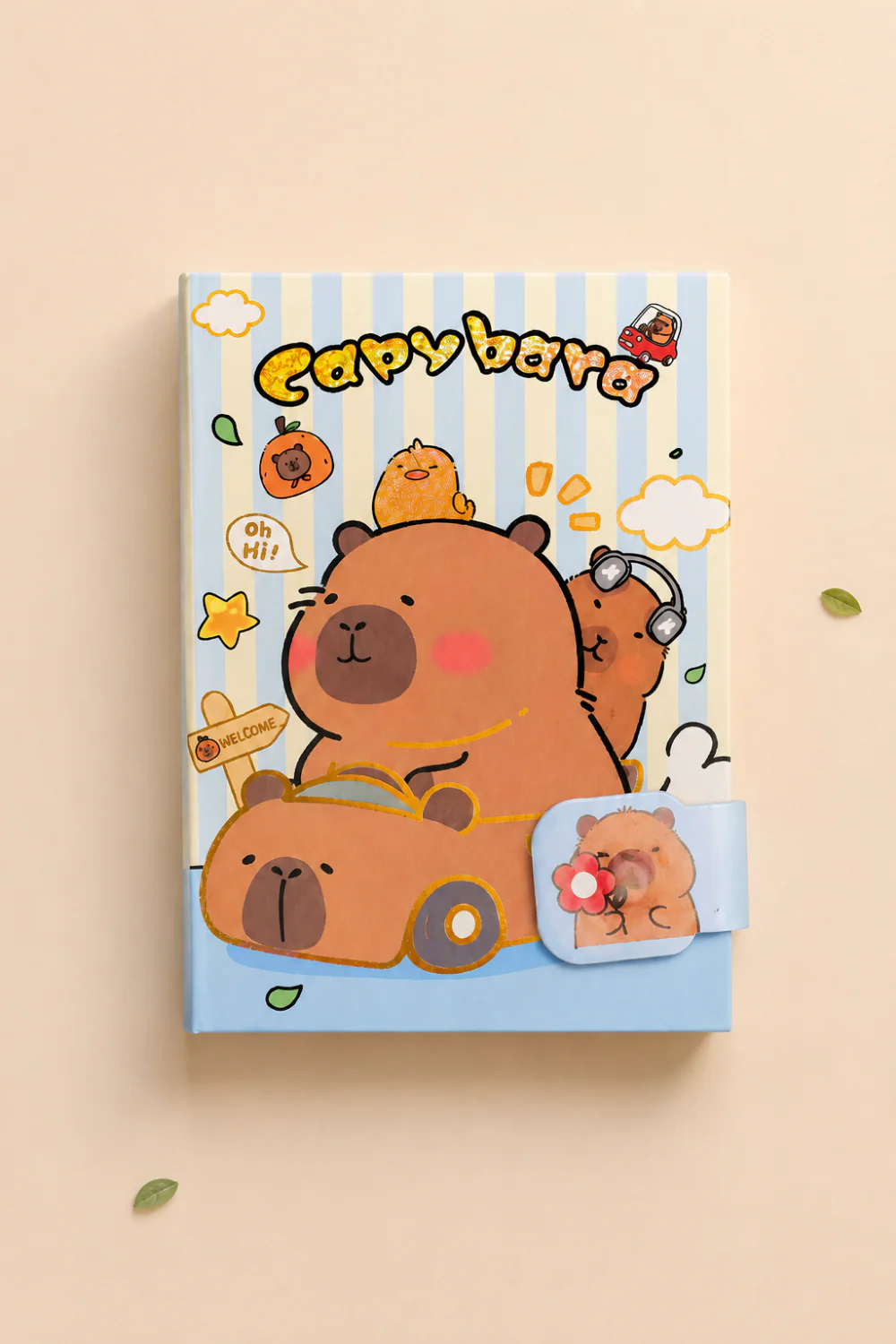 Capybara Temalı Mavi Çizgi Desenli Çizgili & Kilitli Defter