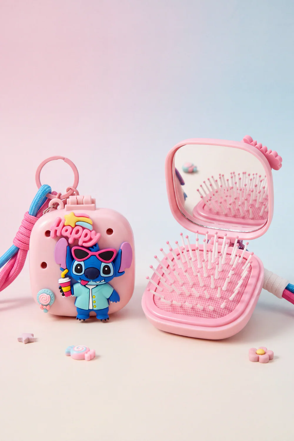 Stitch Temalı Charmlı Pembe Renk Tarak Ayna