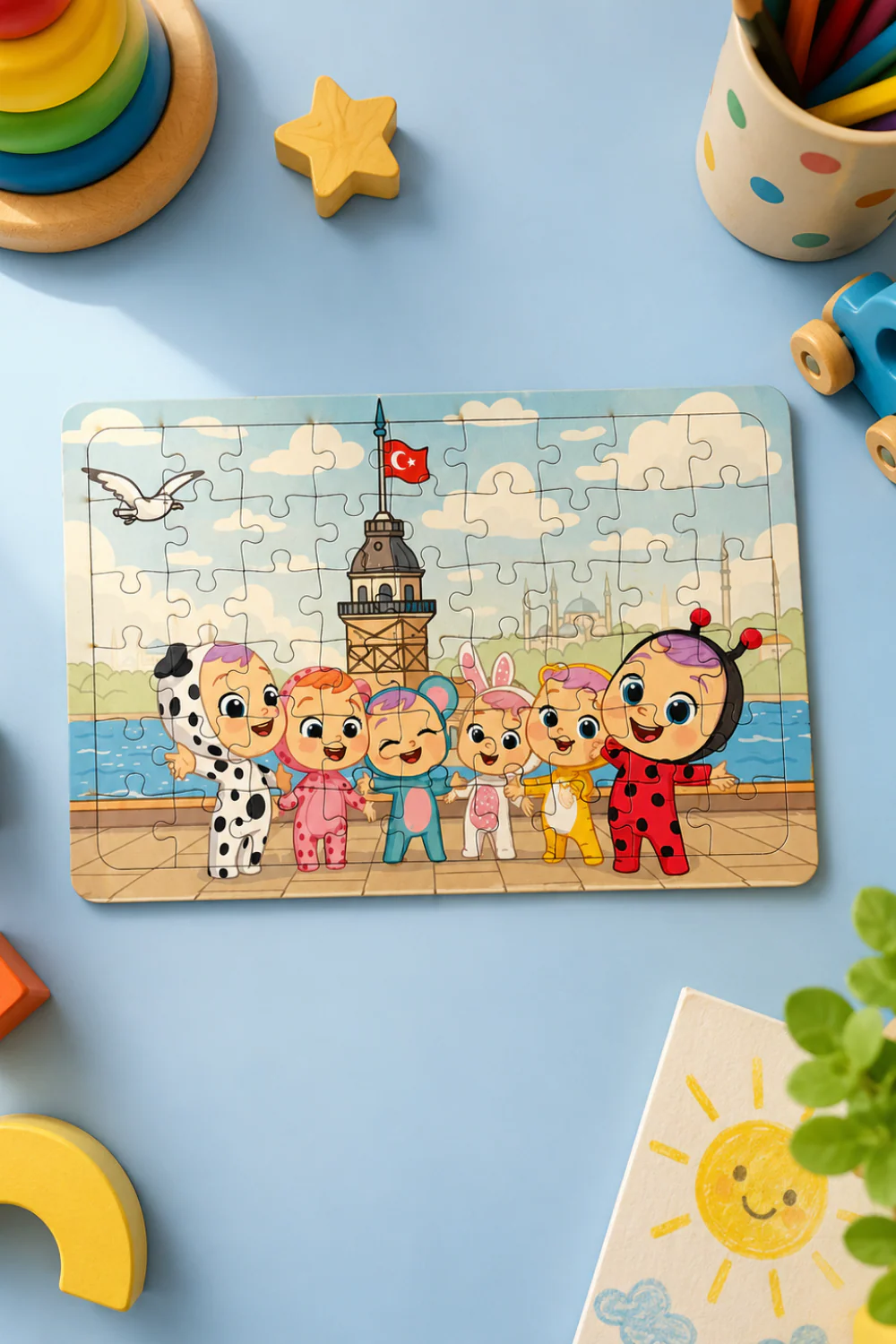Cry Babies Karakterleri Üsküdar Sahili Kız Kulesi Manzarası 54 Parça Eğitici Ahşap Puzzle & Yapboz
