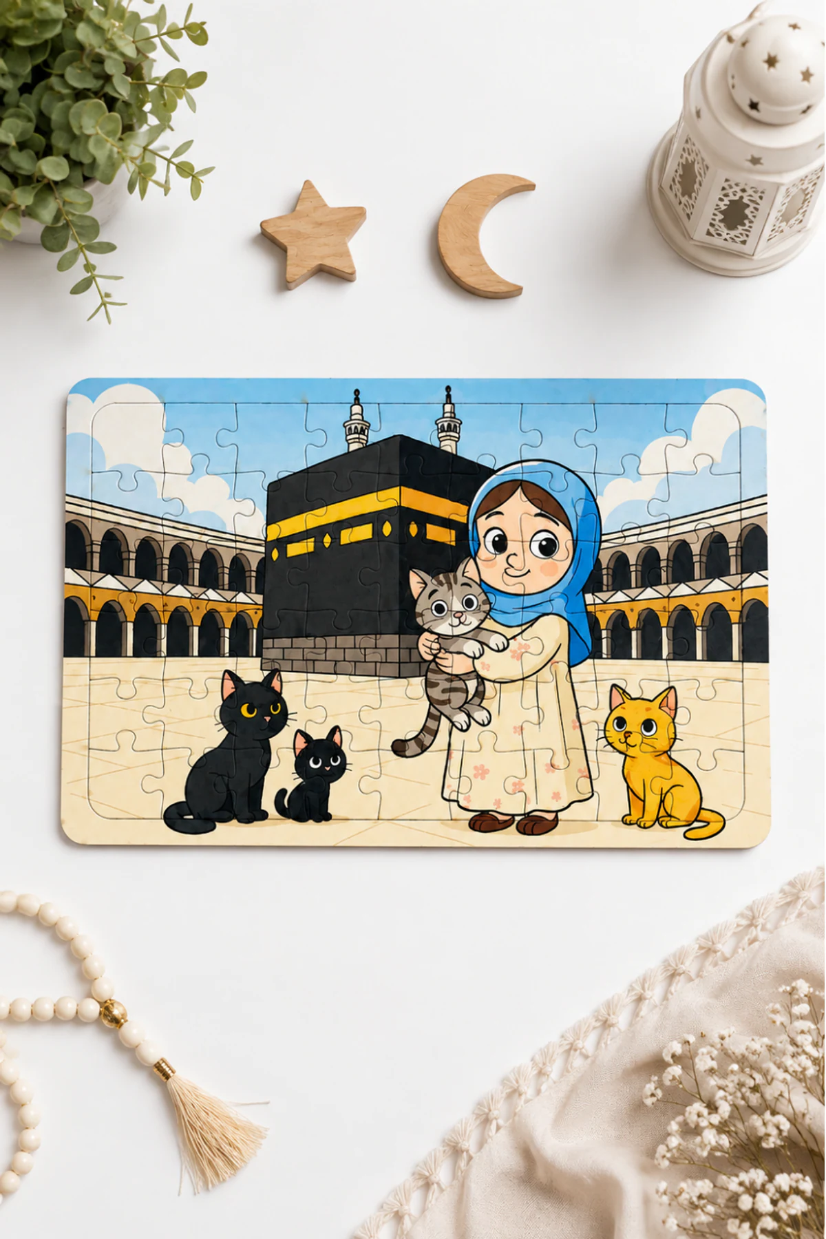 Sevimli Hilal ve Kedisi Çakıl ile Arkadaşları Kabe'de 54 Parça Eğitici Ahşap Puzzle & Yapboz S